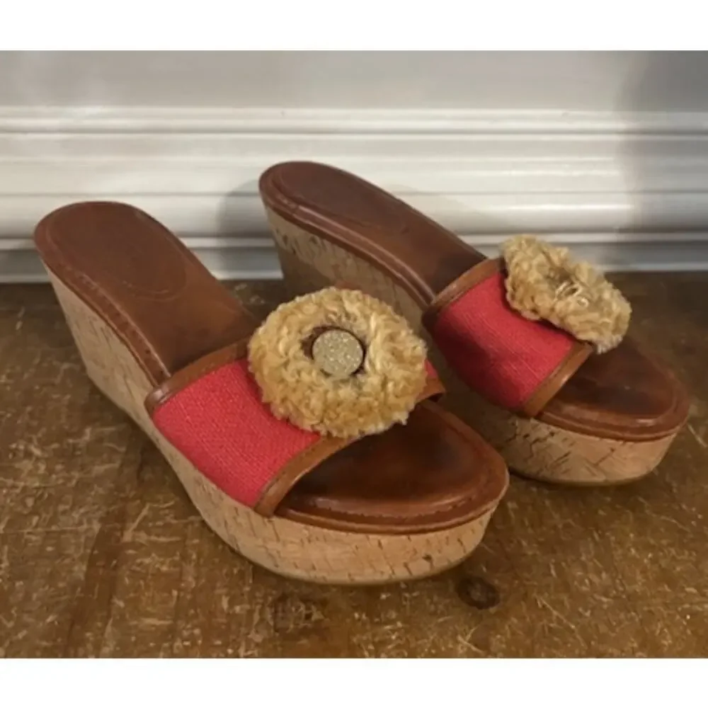 COACH JAZMIN PLATFORM WEDGE RED CANVAS Sandal Leather Size 6.5